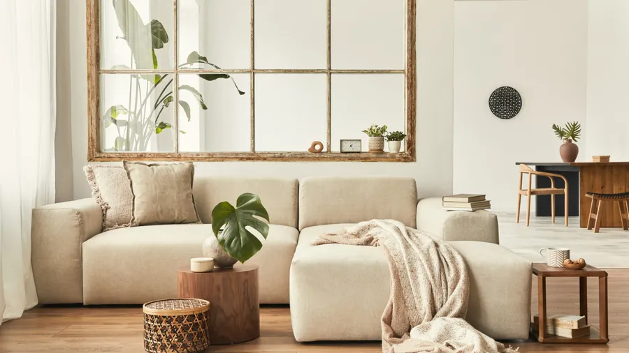 A cozy living room featuring a beige sofa, round wooden coffee table, cozy throw blanket and pillows, and wooden side table.