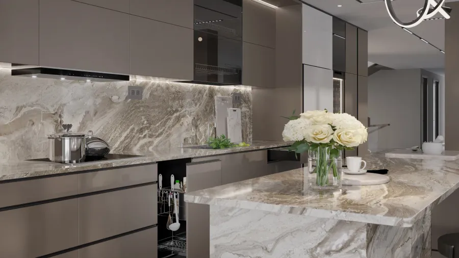 Contemporary kitchen with dark cabinetry, a marble countertop, and flower decoration.