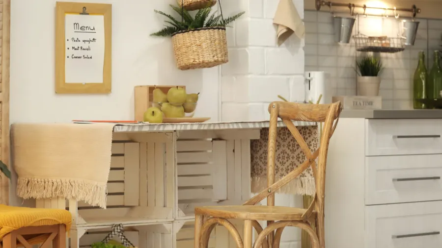 modern kitchen interior with wooden crates as eco furniture