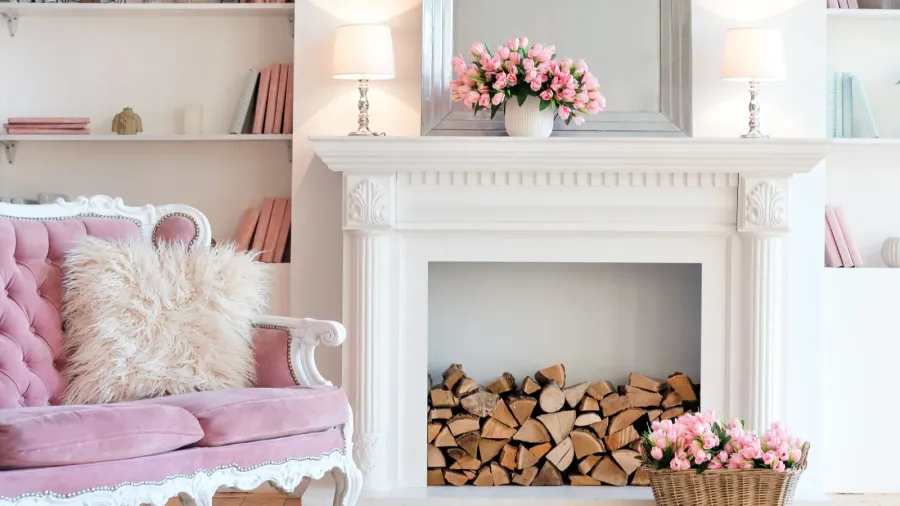modern light interior with fireplace spring flowers and cozy pink