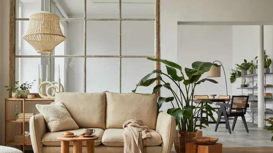A cozy living room interior with beige sofa, woven pendant light, potted plants, wooden coffee table and side table, and decor accents on a wooden console table.