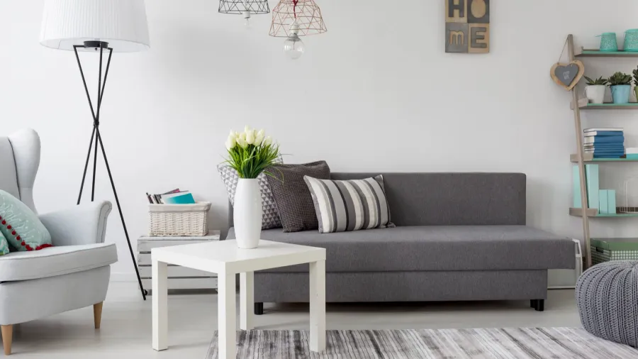 A modern living room interior with gray sofa, gray armchair, coffee table, floor lamp and rug.