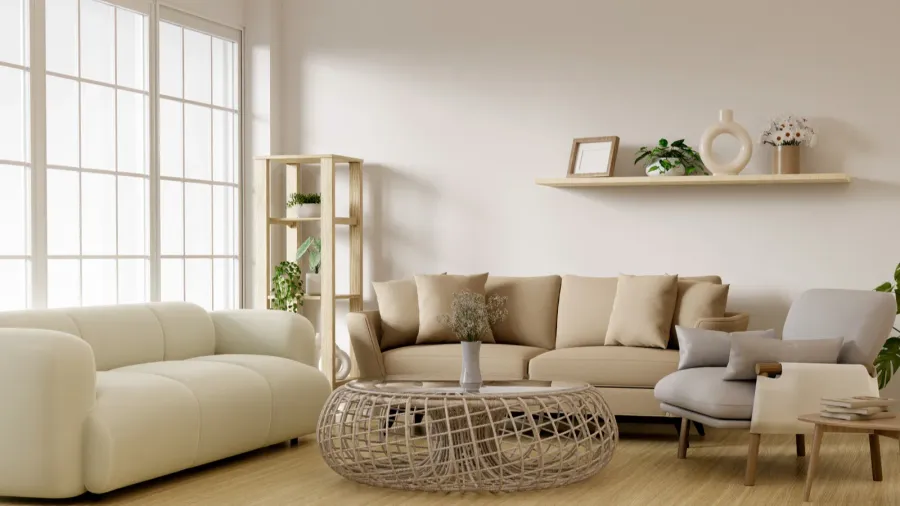 A cozy living space highlights minimalist design with a neutral color palette, comfortable furnishings, and decorative plants for a soothing atmosphere.
