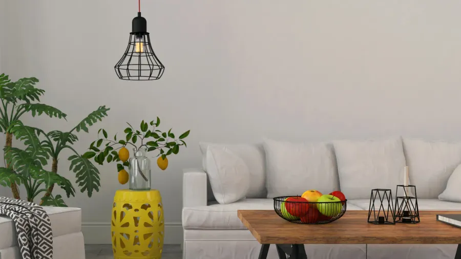 modern living room with white furniture and black chandelier