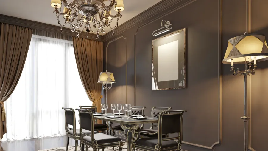 A modern retro dining room interior with carved back table, chairs, chandelier, floor lamps, and layered floor to ceiling curtains on the windows.