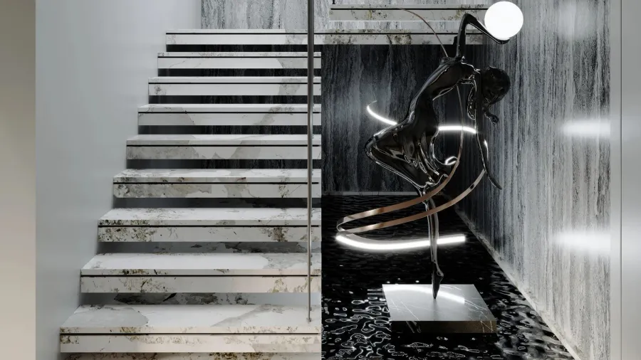 modern staircase with floating marble steps artistic sculpture and accent