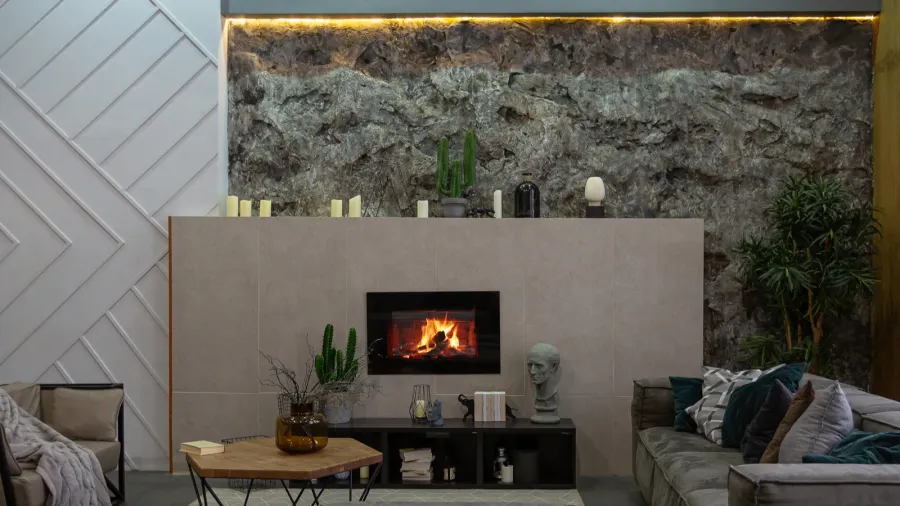 modern studio interior with decorative stone walls in grey stone