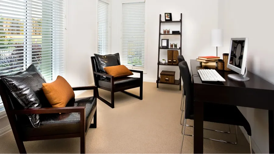 modern work room interior decorated using dark color furniture a