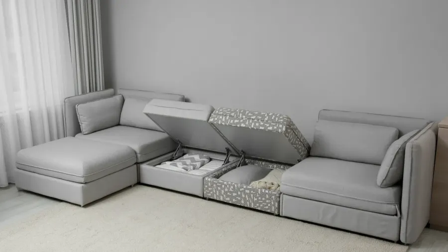 modular sofa with storage near wall in living room interior