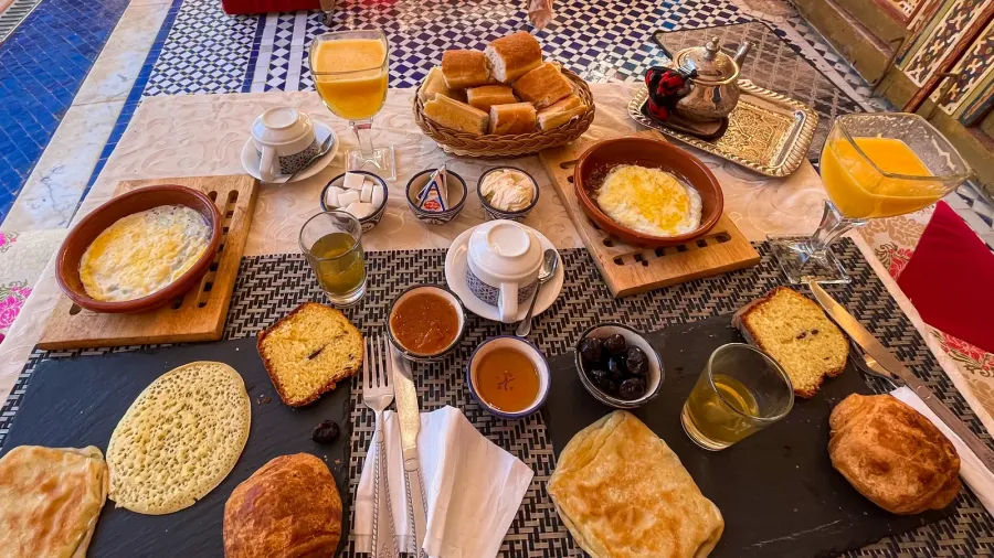 moroccan breakfast in a luxurious riad in the old medina