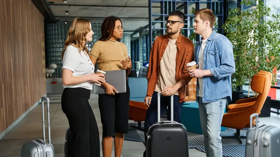 multicultural group of businesspeople in casual attire standing around with