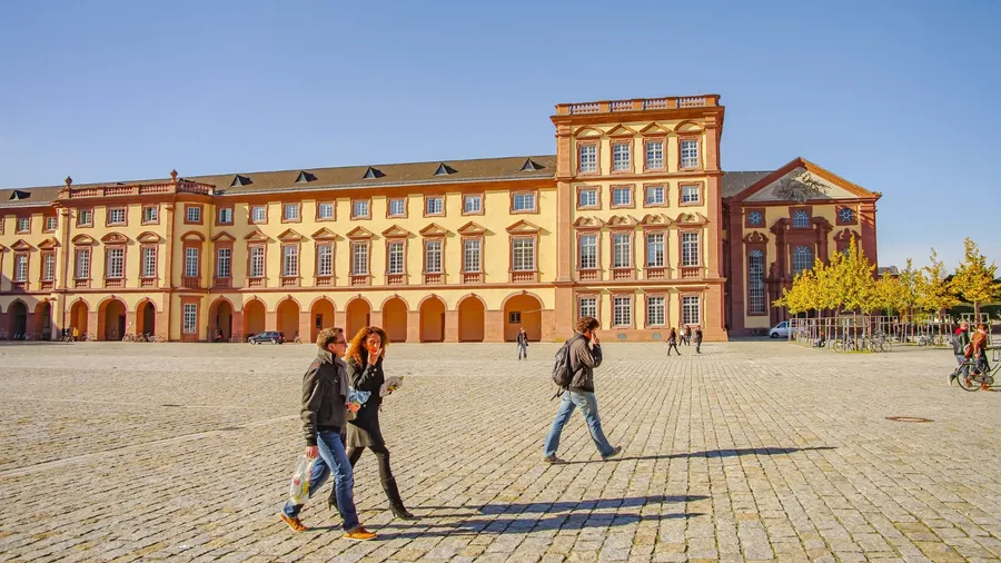 Panoramic view over University campus in city center in Square district in sunset golden Autumn colors, Mannheim, Germany.