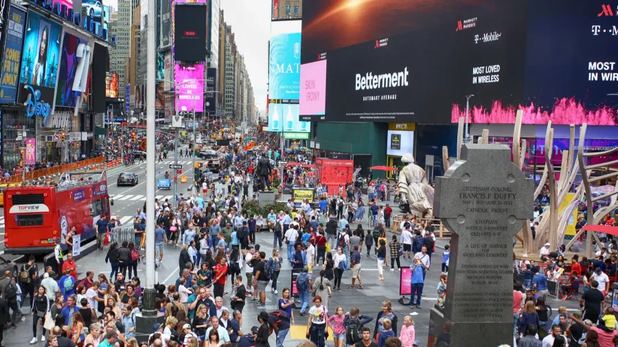 A busy street view of New York City.