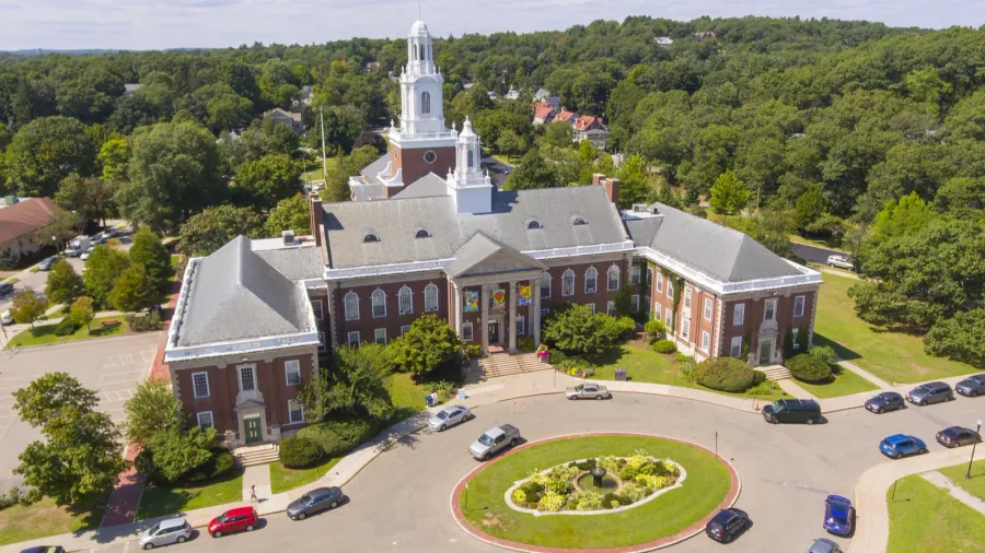 newton city hall aerial view in downtown newton massachusetts usa