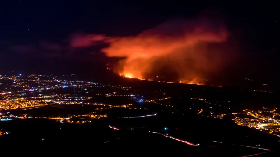 night landscape with a volcano eruption in la palma
