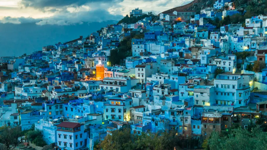night view of chefchaouen city in morocco from above