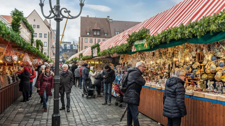 nuremberg germany  dec 09 2019 christmas market stalls at