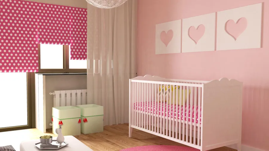 A cozy nursery with dusty pink accent wall, a white crib, polka dot blinds, and soft pink decor.