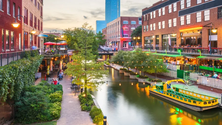 oklahoma city oklahoma usa cityscape in bricktown at dusk