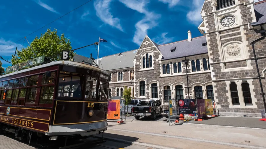 old tramway and buildings in downtown christchurch new zealand