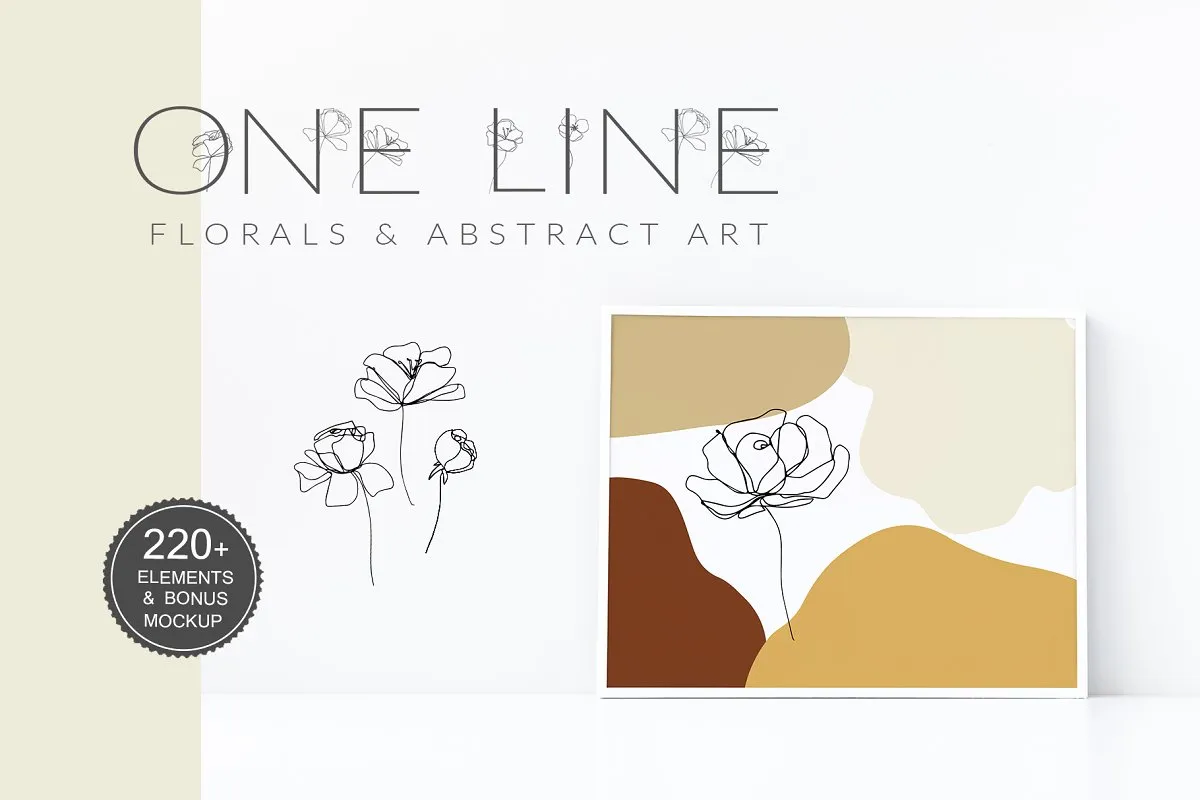 One-line floral graphics and abstract shapes.