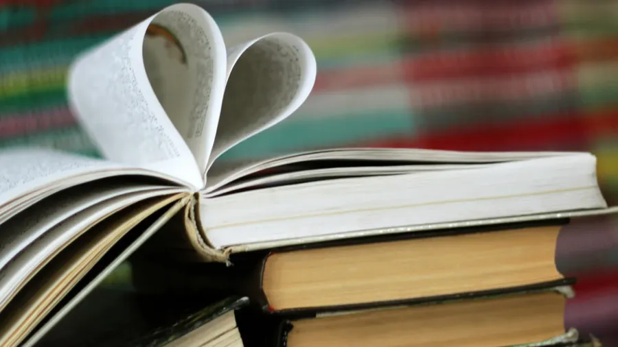 opened book with heart shaped pages on colourful background