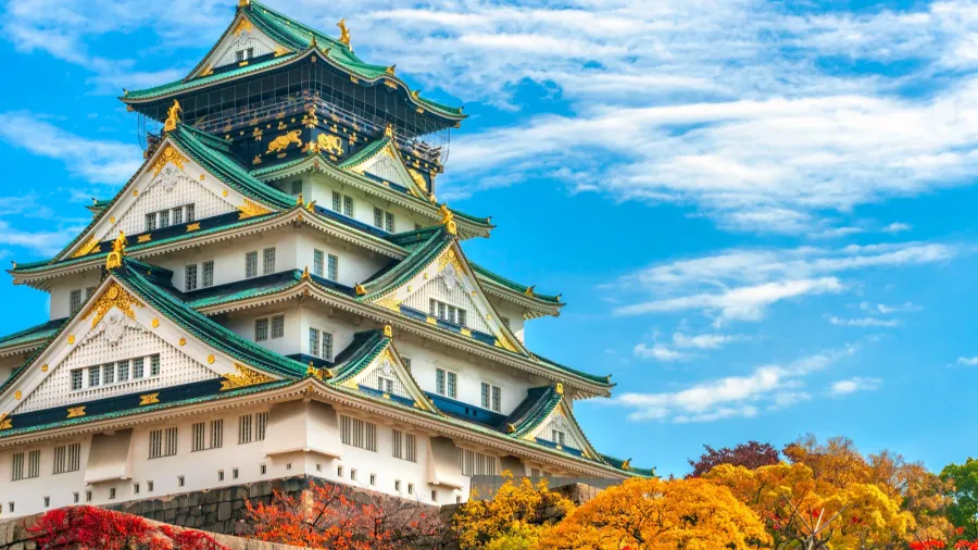 osaka castle in osaka with autumn leaves japan