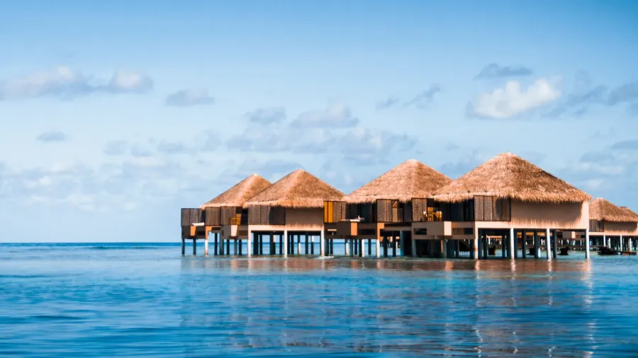 over water bungalows with steps into amazing green lagoon