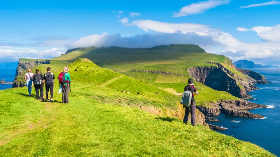 panoramic view of mykines at faroe islands and north atlantic