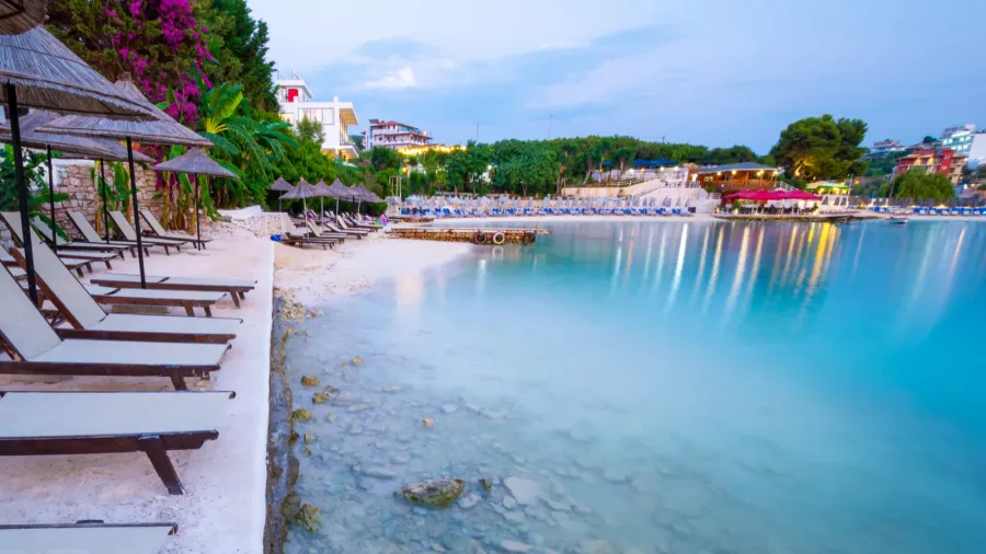 paradise beach in ksamil during dusk in albania