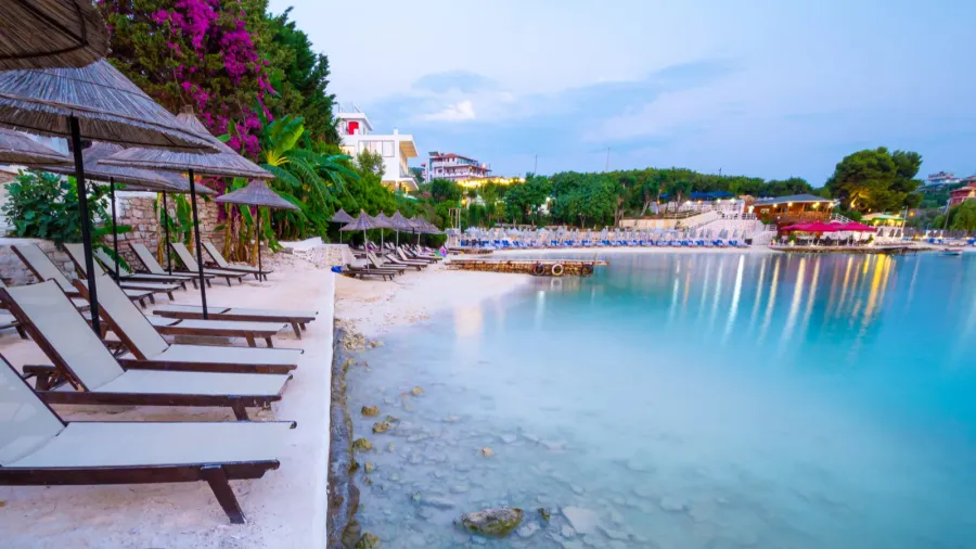 paradise beach in ksamil during dusk in albania