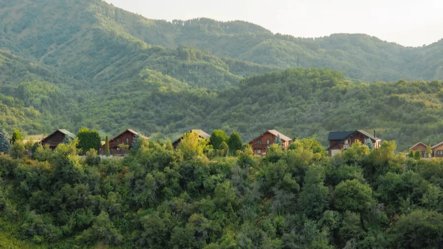 peaceful retreat with rustic chalets surrounded by nature  ideal