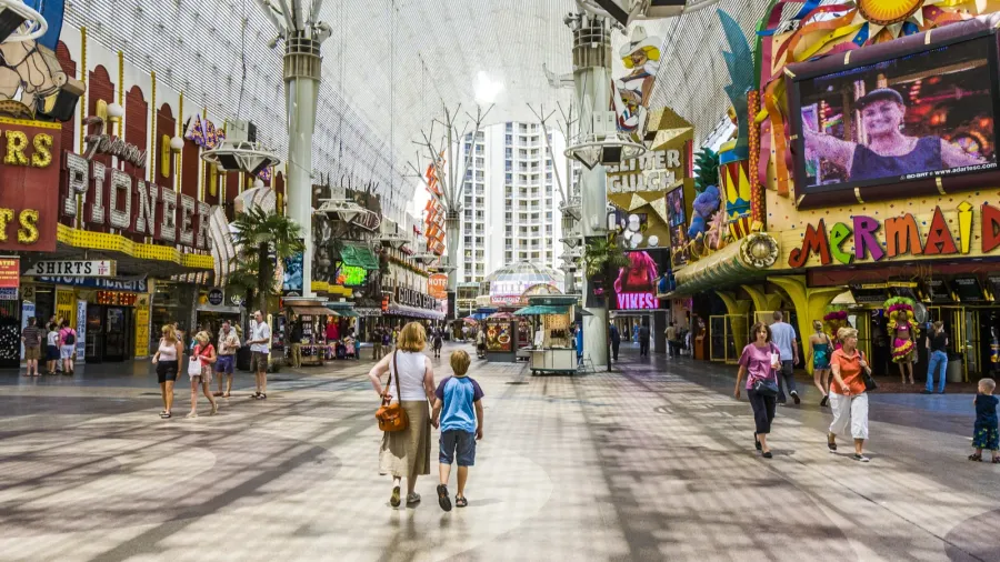 People visit on daytime famous old Freemont Street experience, downtown Las Vegas.