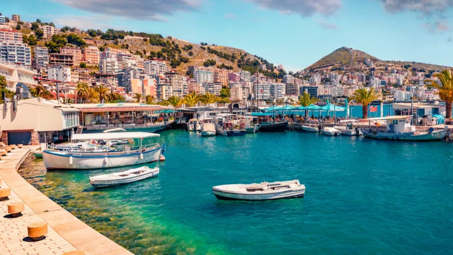 perfect spring cityscape of saranda port picturesque ioninian seascape bright