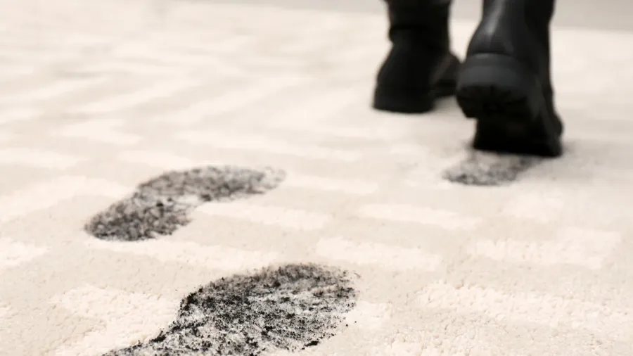 person in dirty shoes leaving muddy footprints on carpet