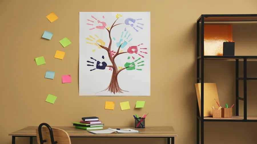A study room interior with a wooden table and chair, books, shelf, and DIY artwork and sticky notes on the wall.