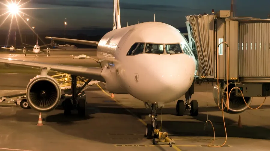 plane parked at the airport at night