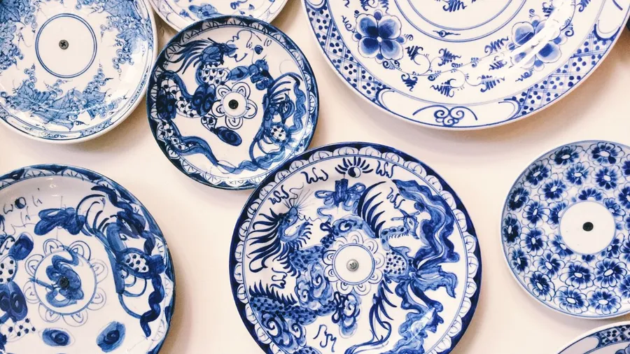 A collection of decorative blue and white plates.