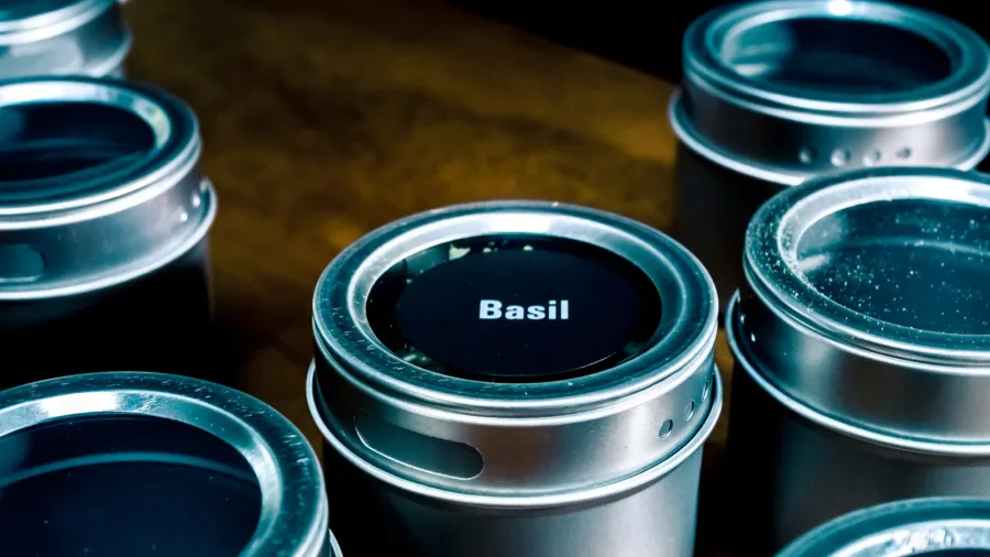 pots for spices silver stainless metal one with lable