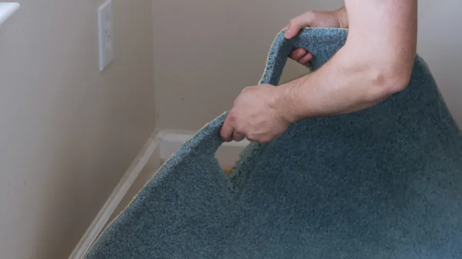 professional worker with removing a carpet for renovation works in