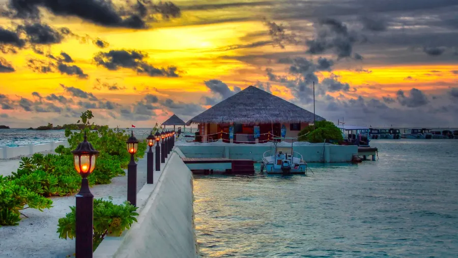 promenade on a tropical island at sunrise in the
