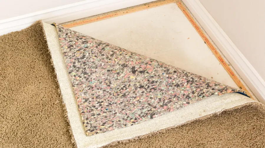 pulled back carpet and padding in room