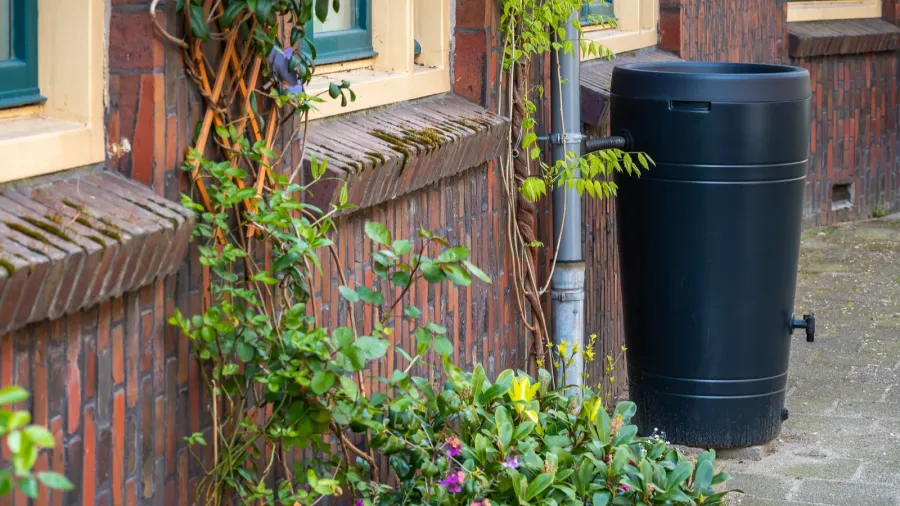 rain barrel in dutch city street saving rainwater for usage