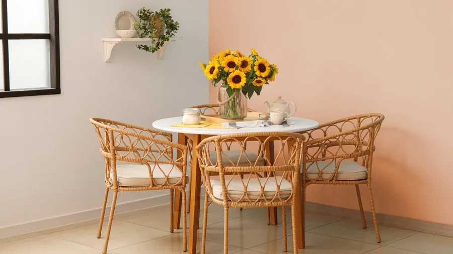 Rattan dining chairs around a dining table with sunflowers in a vase.