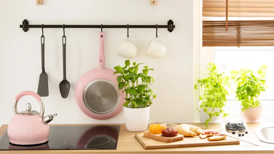 real photo of wooden countertop with fresh plants board with