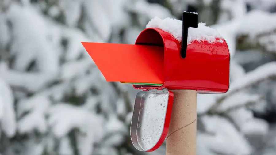 red envelope in mailbox in a snow near pine tree