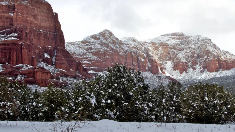 red rock landscape in winter