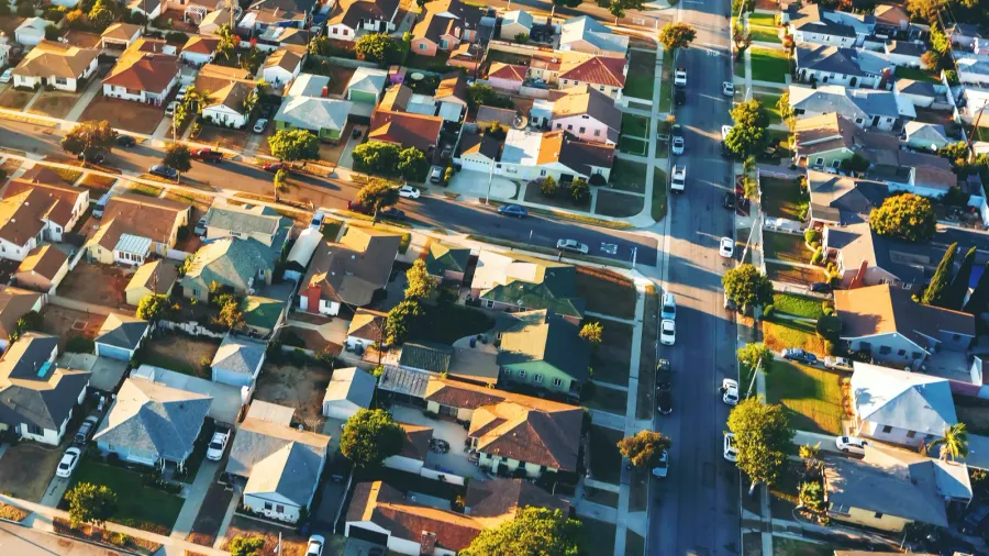 Aerial view of of a residential neighborhood in Hawthorne, in Los Angeles, CA.