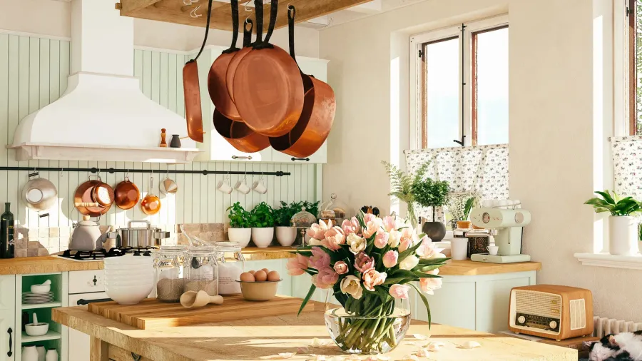 retro kitchen in a cottage with sleeping cat 3d rendering