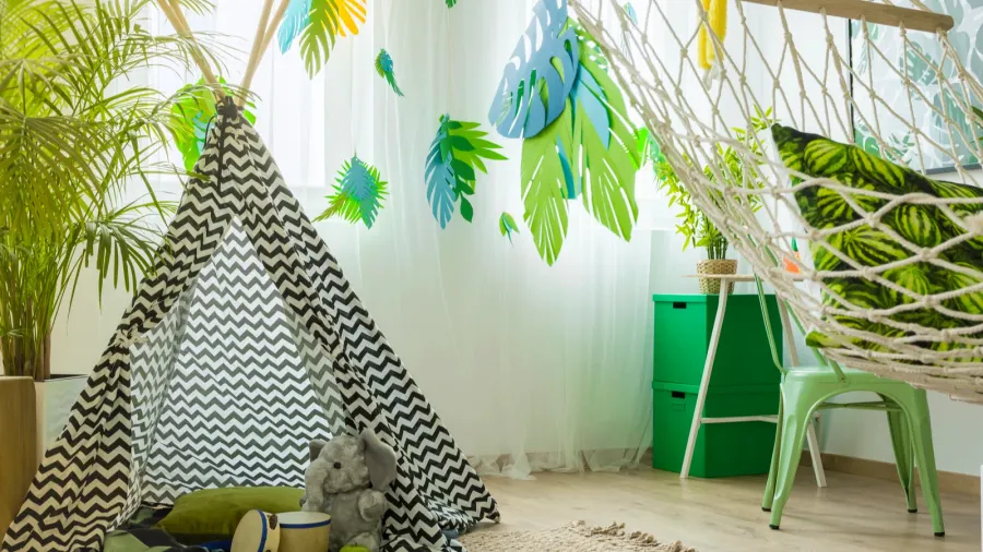 room with tent and hammock